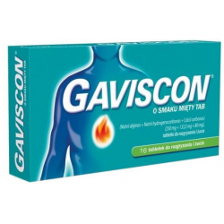 Gaviscon (250 mg + 133,5 mg + 80 mg) 16  tabletek do rozgryzania i żucia o smaku mięty.