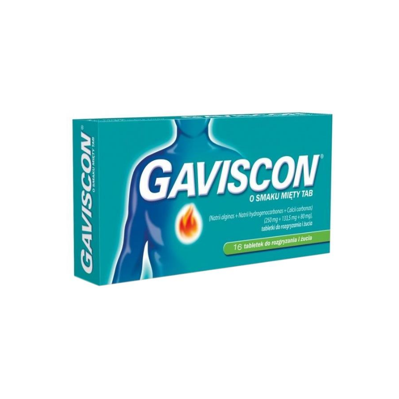 Gaviscon (250 mg + 133,5 mg + 80 mg) x 16  tabletek do rozgryzania i żucia o smaku mięty.