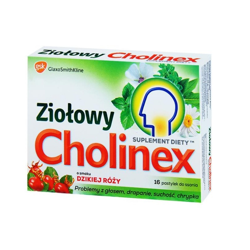 Cholinex Ziołowy o smaku dzikiej róży x 16 pastylek do ssania