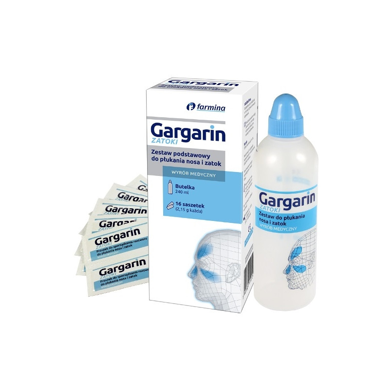 Gargarin ZATOKI Zestaw podstawowy do płukania nosa i zatok (butelka+16 saszetek)