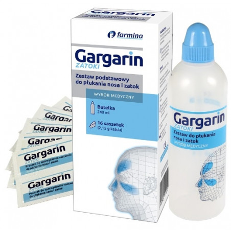 Gargarin ZATOKI Zestaw podstawowy do płukania nosa i zatok (butelka+16 saszetek)