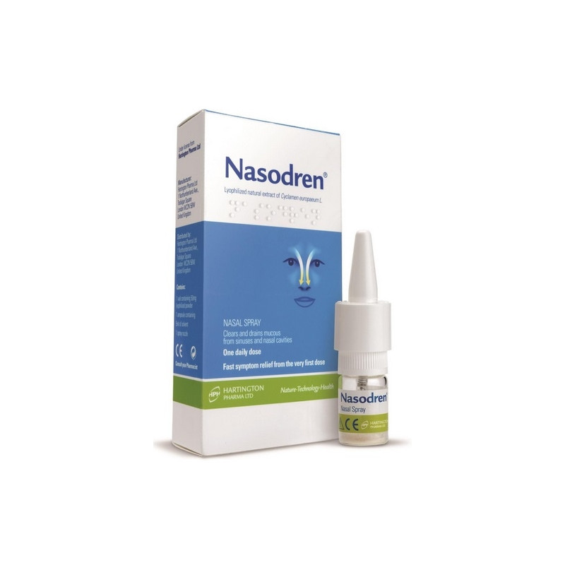 Nasodren aerozol do nosa, 1 zestaw (50 mg liofilizat + 5 ml rozpuszczalnik + dozownik)
