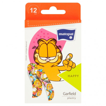 Plaster z opatrunkiem MATOPAT HAPPY zestaw plastrów z kotem Garfieldem, 12 szt.