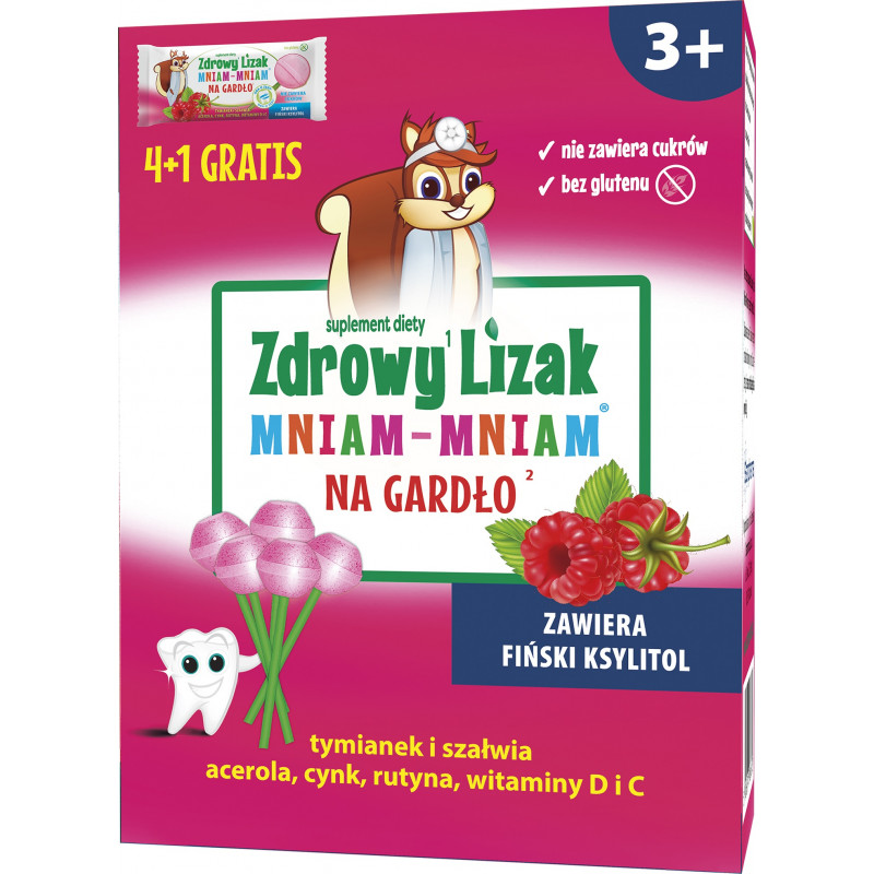 Zdrowy Lizak Mniam-Mniam na gardło o smaku malinowym 5 sztuk