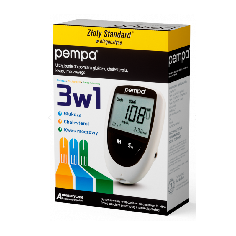 Pempa 3w1 urządzenie do pomiaru glukozy, cholesterolu, kwasu moczowego