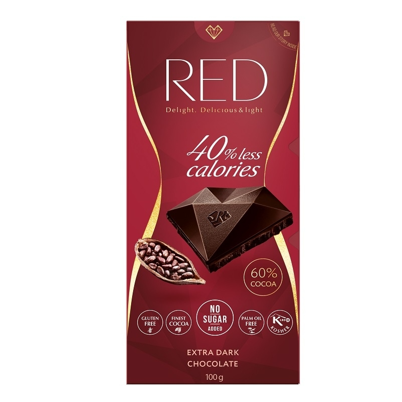 RED Czekolada Ekstra Gorzka 60% Kakao o zmniejszonej zawartości kalorii 100g
