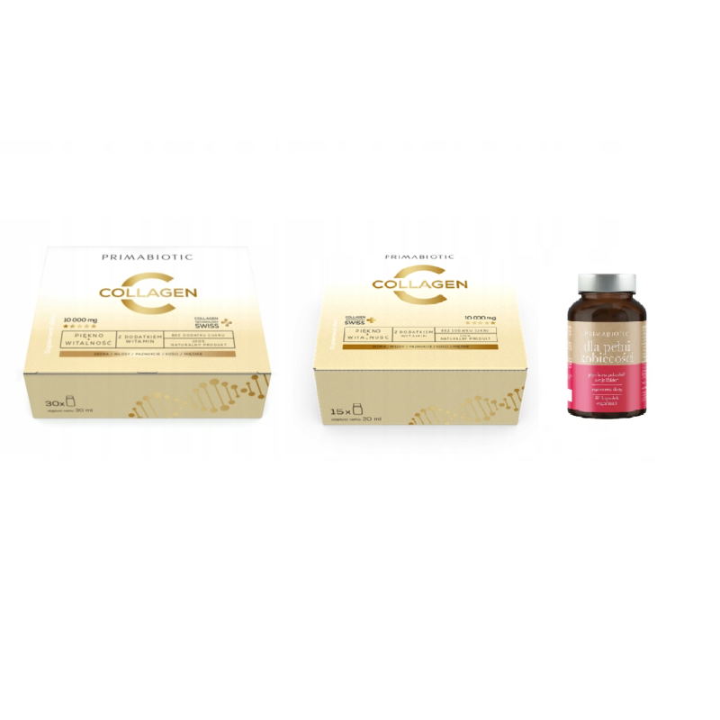 Primabiotic Collagen Gold 30 sztuk x 30ml + Primabiotic Collagen 15 sztuk x 30ml + Primabiotic Dla pełni kobiecości 60 kapsułek