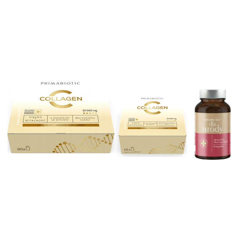 Primabiotic Collagen Gold 30 sztuk x 30ml + Primabiotic Collagen 15 sztuk x 30ml + Primabiotic Dla urody 60 kapsułek