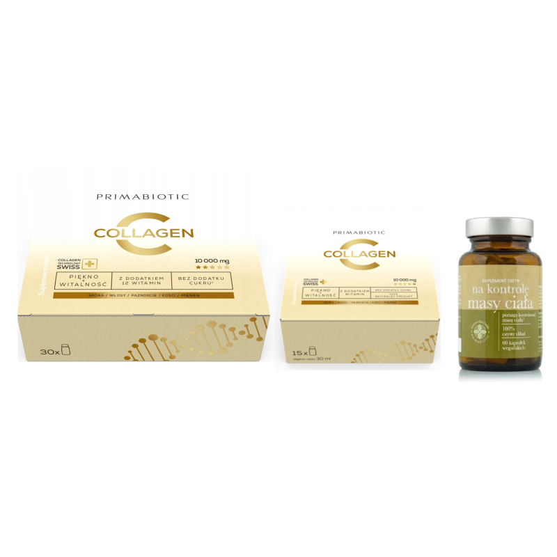 Primabiotic Collagen Gold 30 sztuk x30ml + Primabiotic Collagen 15 sztuk x 30ml +Primabiotic Na kontrolę masy ciała 60 kapsułek