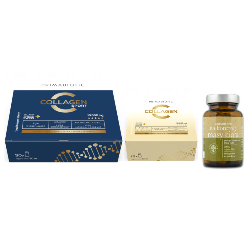 Primabiotic Collagen Sport 30 sztuk x30ml + Primabiotic Collagen 15 sztuk x 30ml +Primabiotic Na kontrolę masy ciała 60 kapsułek