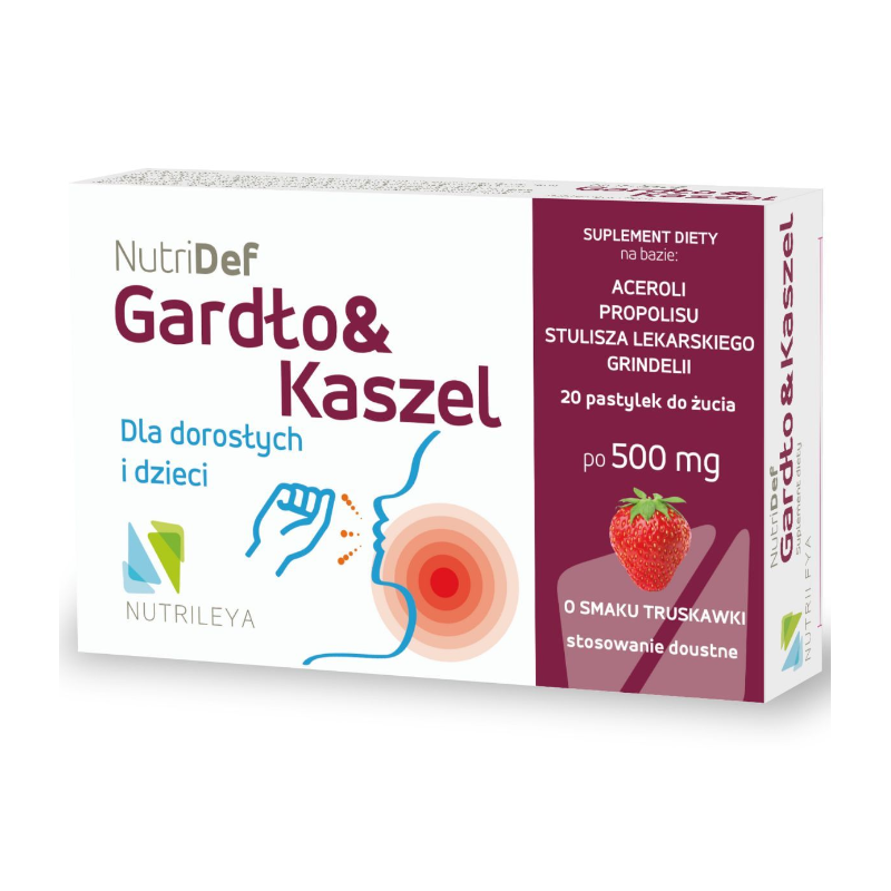 NutriDef Gardło&Kaszel 20 pastylek do żucia o smaku truskawkowym