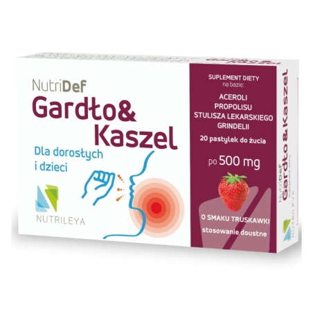 NutriDef Gardło&Kaszel 20 pastylek do żucia o smaku truskawkowym