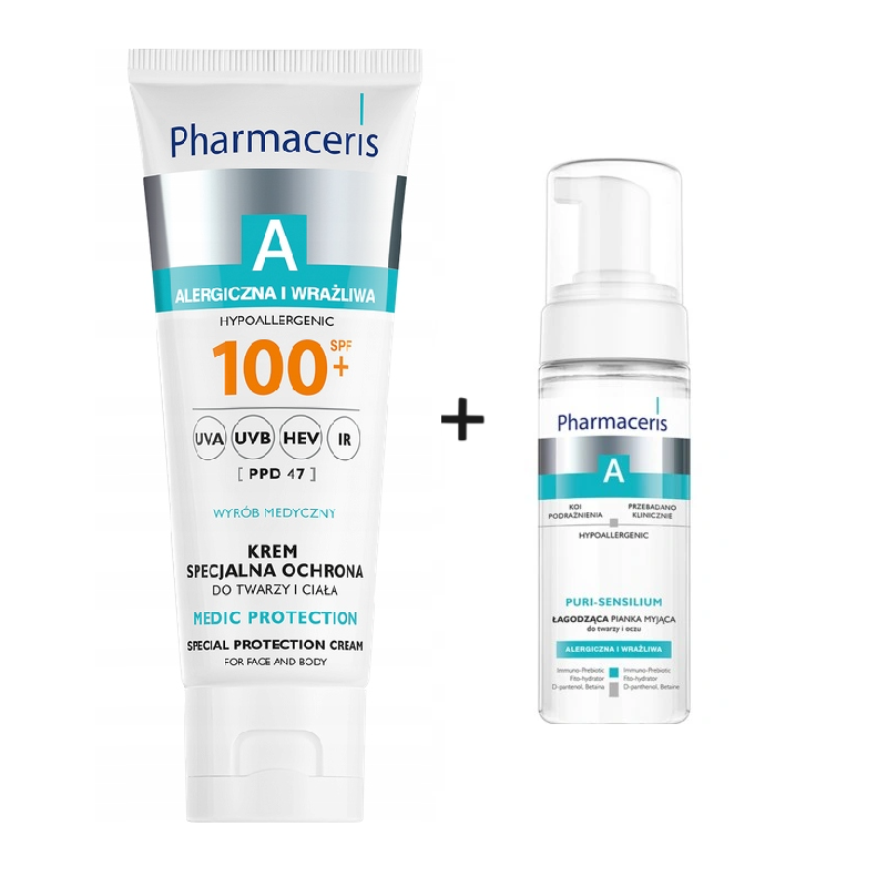 Pharmaceris A Krem specjalna ochrona SPF100+ do twarzy i ciała 75ml + Pharmaceris A Łagodząca pianka myjąca do twarzy 50ml