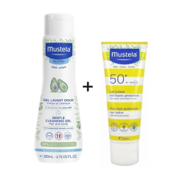 Mustela SUN Mleczko przeciwsłoneczne wysoko wodoodporne SPF 50+ 40ml + Mustela Delikatny żel do mycia 200ml