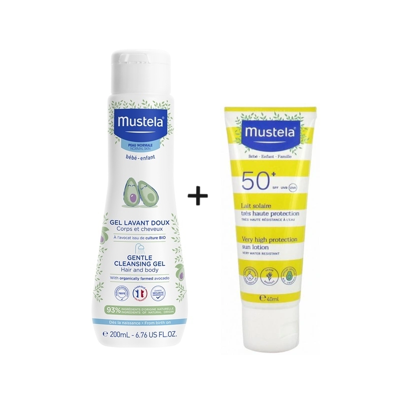 Mustela SUN Mleczko przeciwsłoneczne wysoko wodoodporne SPF 50+ 40ml + Mustela Delikatny żel do mycia 200ml