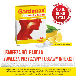 GARDIMAX MEDICA LEMON lek na ból gardła z lidokainą bez cukru 24 tabletki do ssania o smaku cytrynowym