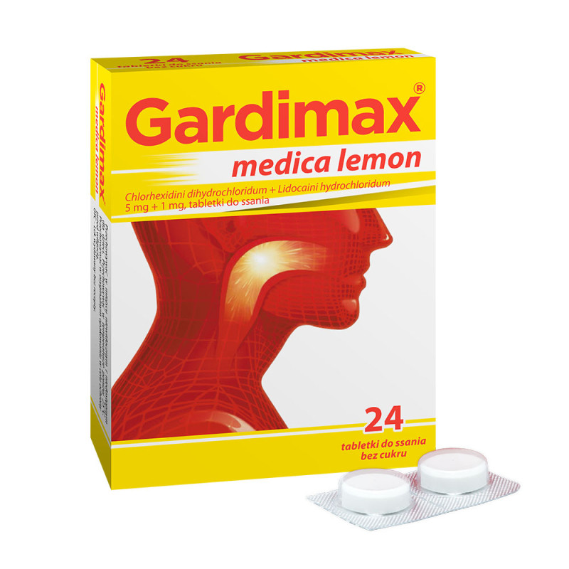 GARDIMAX MEDICA LEMON lek na ból gardła z lidokainą bez cukru 24 tabletki do ssania o smaku cytrynowym