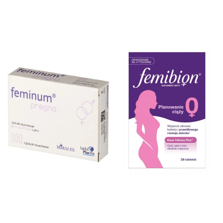 Feminum Pregna globulki dopochwowe 3 sztuki + Femibion 0 Planowanie ciąży 28 tabletek