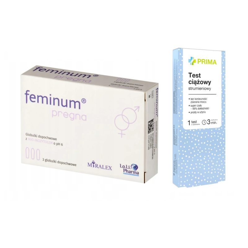 Feminum Pregna globulki dopochwowe 3 sztuki + PRIMA Test ciążowy strumieniowy 1 sztuka