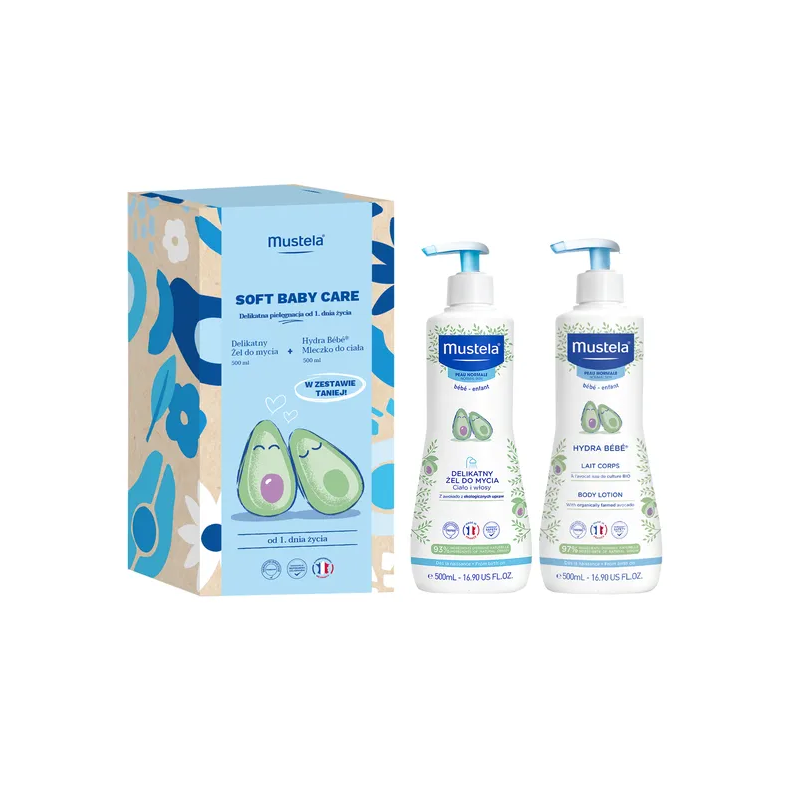 Mustela Soft Baby Care Delikatny żel do mycia z organicznym awokado 500ml + Mleczko do ciała Hydra Bebe 500ml