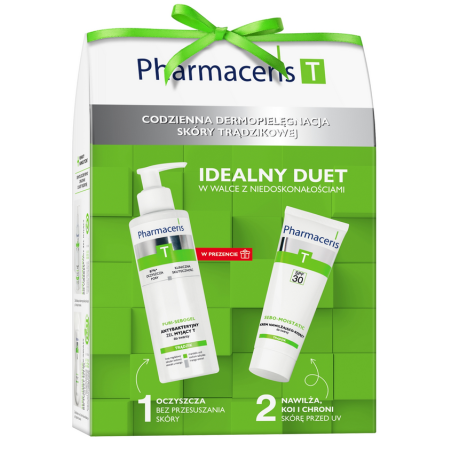 PHARMACERIS T ZESTAW Kuracja Przeciwtrądzikowa Żel Myjący 80ml + Krem Nawilżająco-Kojący SPF30 50ml