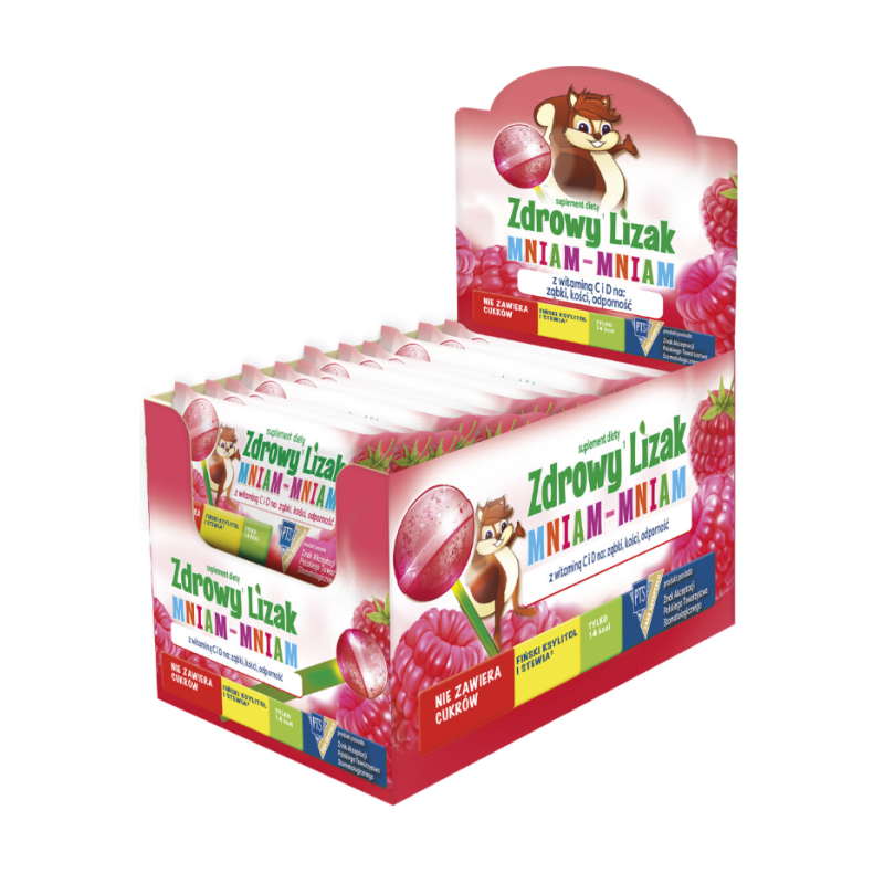 Zdrowy Lizak Mniam mniam z witaminą C i D smak malinowy 40 sztuk