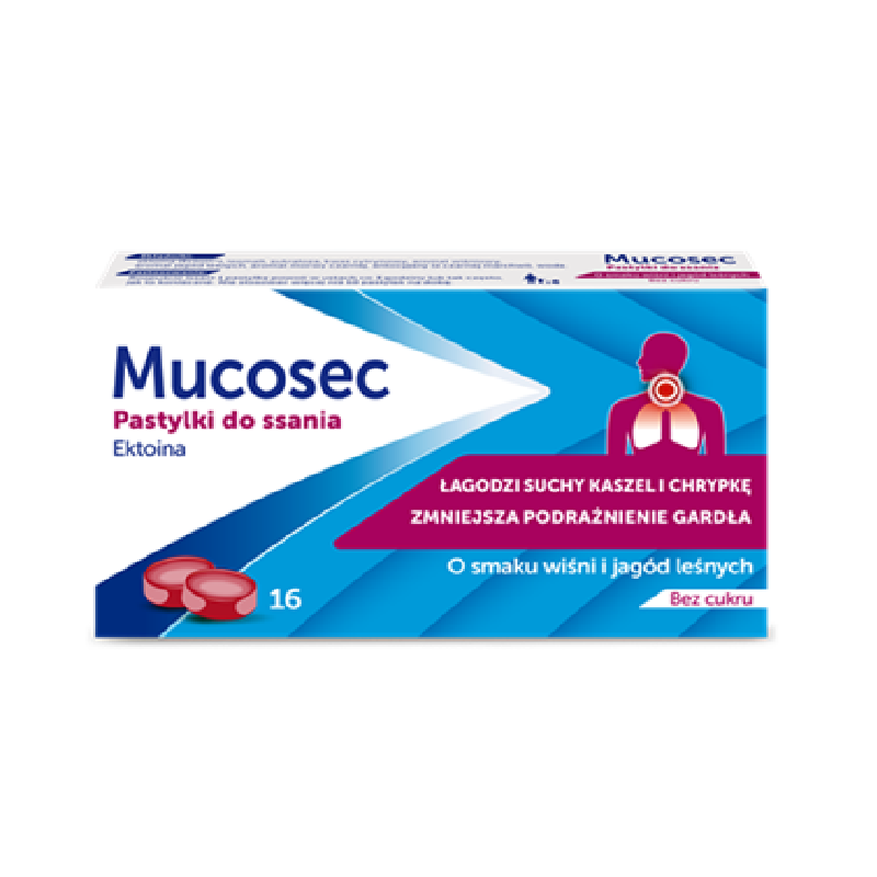 Mucosec Pastylki do ssania z EKTONINĄ na kaszel suchy bez cukru 16 sztuk