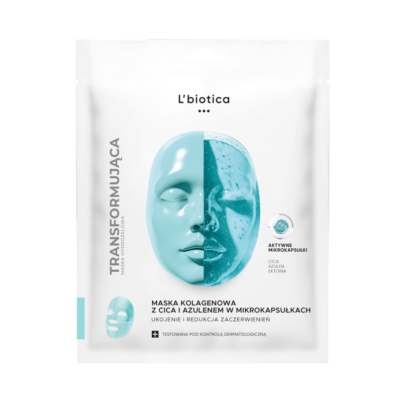 L'biotica Maska kolagenowa z CICA i azulenem w mikrokapsułkach Ukojenie i redukcja zaczerwienień 1 sztuka